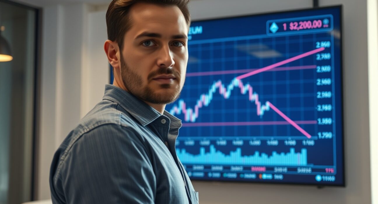 Financial analyst observing Ethereum price chart with downward trend below $2,200