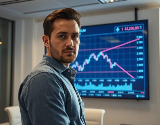Financial analyst observing Ethereum price chart with downward trend below $2,200