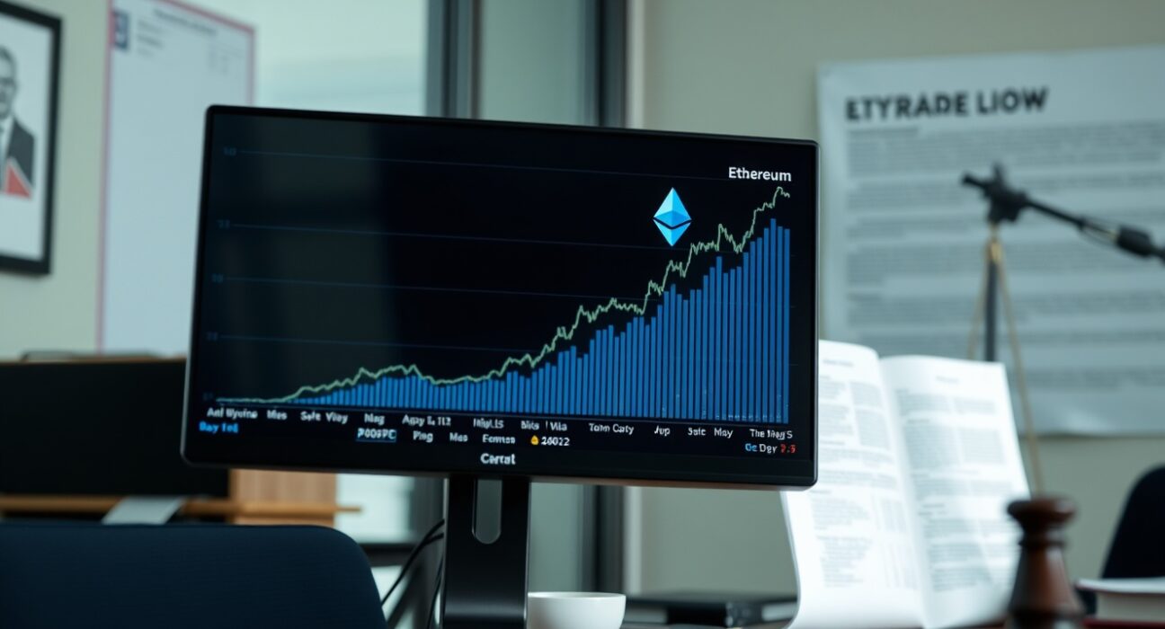 A digital display showing an Ethereum price chart in a professional newsroom setting.