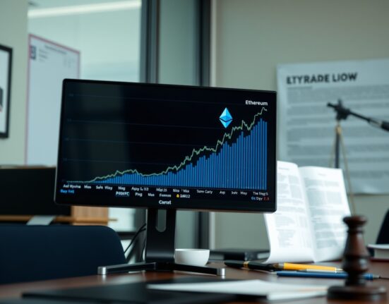 A digital display showing an Ethereum price chart in a professional newsroom setting.