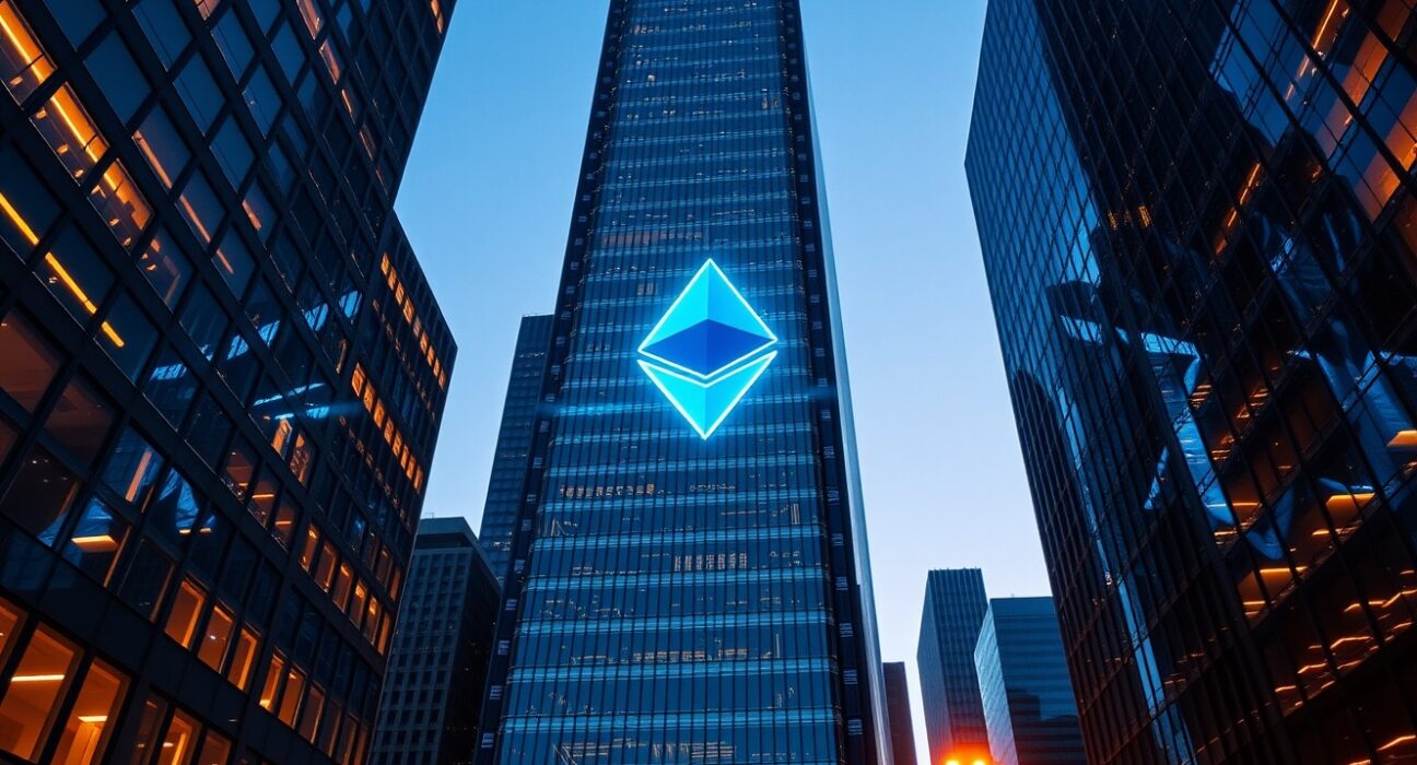 A modern financial district skyscraper with a glowing Ethereum logo integrated into its glass facade at dusk.