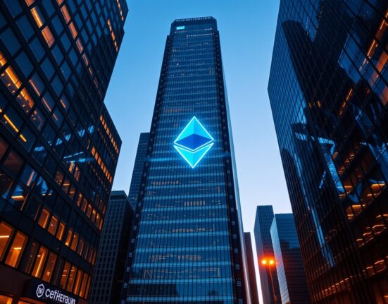A modern financial district skyscraper with a glowing Ethereum logo integrated into its glass facade at dusk.