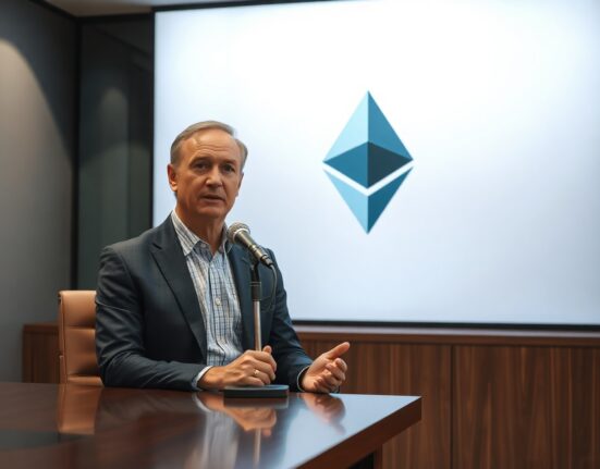 Tom Lee speaking at a press conference about Ethereum funding, with a blockchain-themed screen behind him