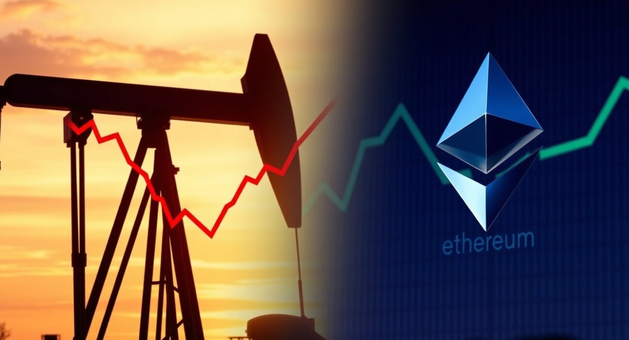 Split image of oil pumpjack and Ethereum logo representing correlation between oil prices and ETH price.