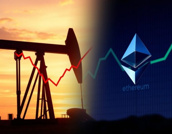 Split image of oil pumpjack and Ethereum logo representing correlation between oil prices and ETH price.