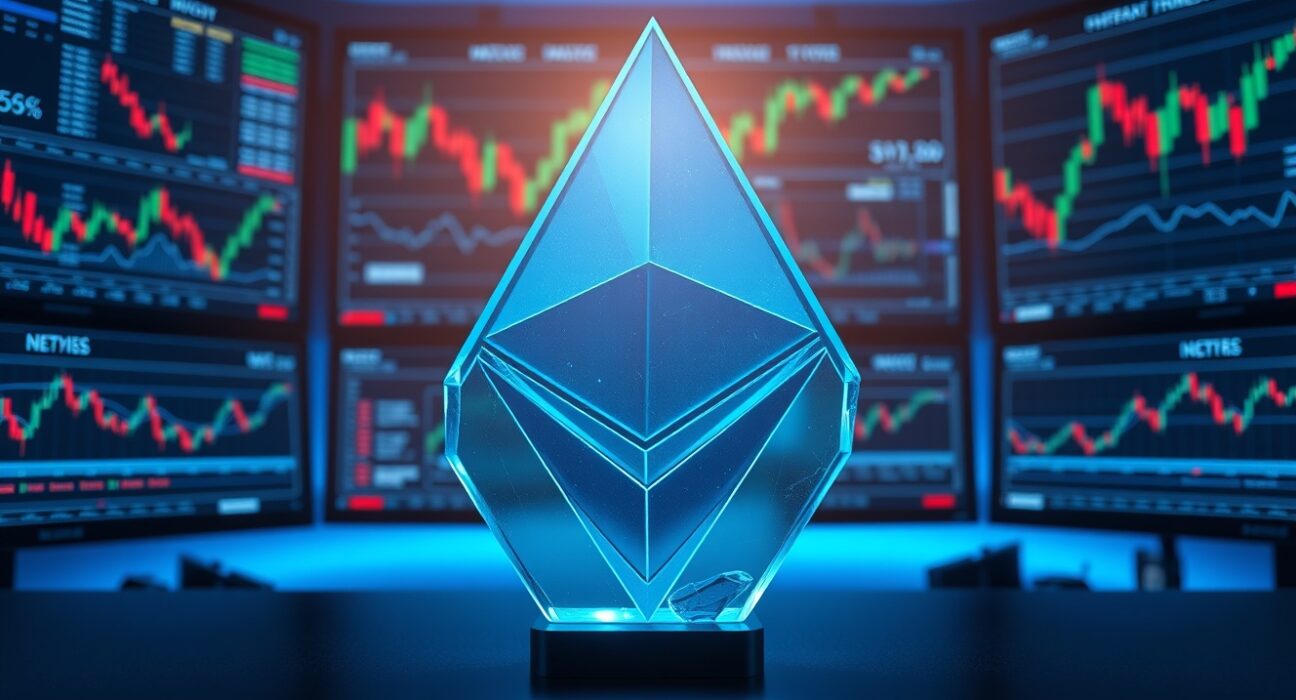 Ethereum logo on a dark trading desk with monitors showing market data charts