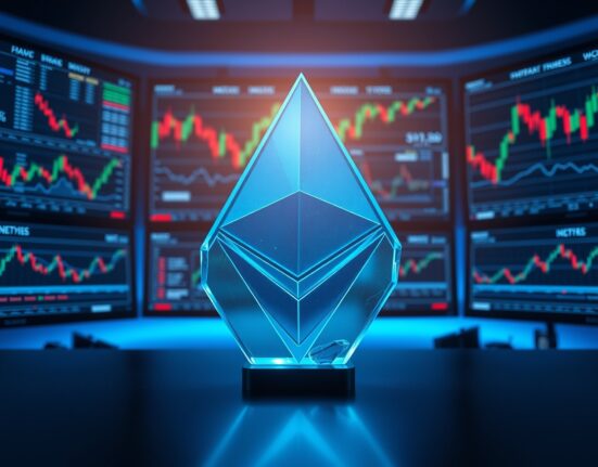 Ethereum logo on a dark trading desk with monitors showing market data charts