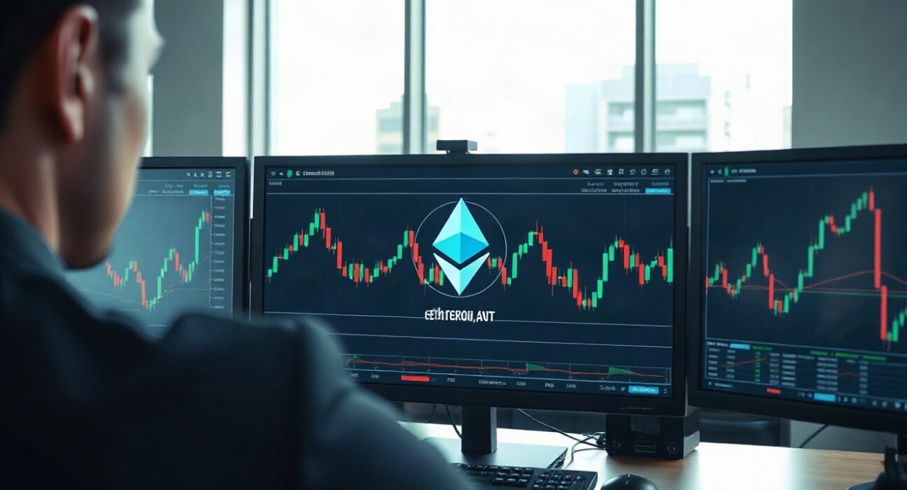 Ethereum price charts on trading monitors in a professional financial setting