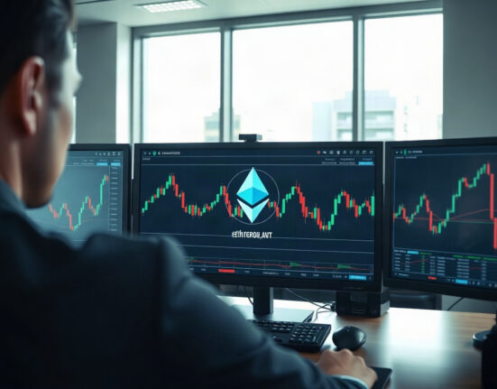 Ethereum price charts on trading monitors in a professional financial setting