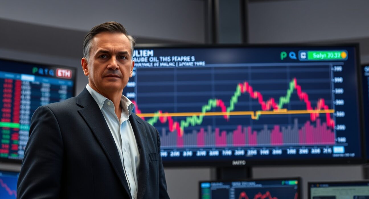 Financial analyst Tom Lee standing in front of a screen showing Ethereum and oil price charts with an inverse trend.