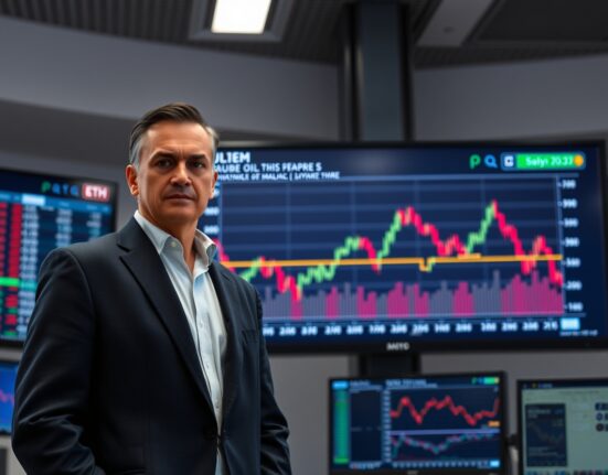 Financial analyst Tom Lee standing in front of a screen showing Ethereum and oil price charts with an inverse trend.