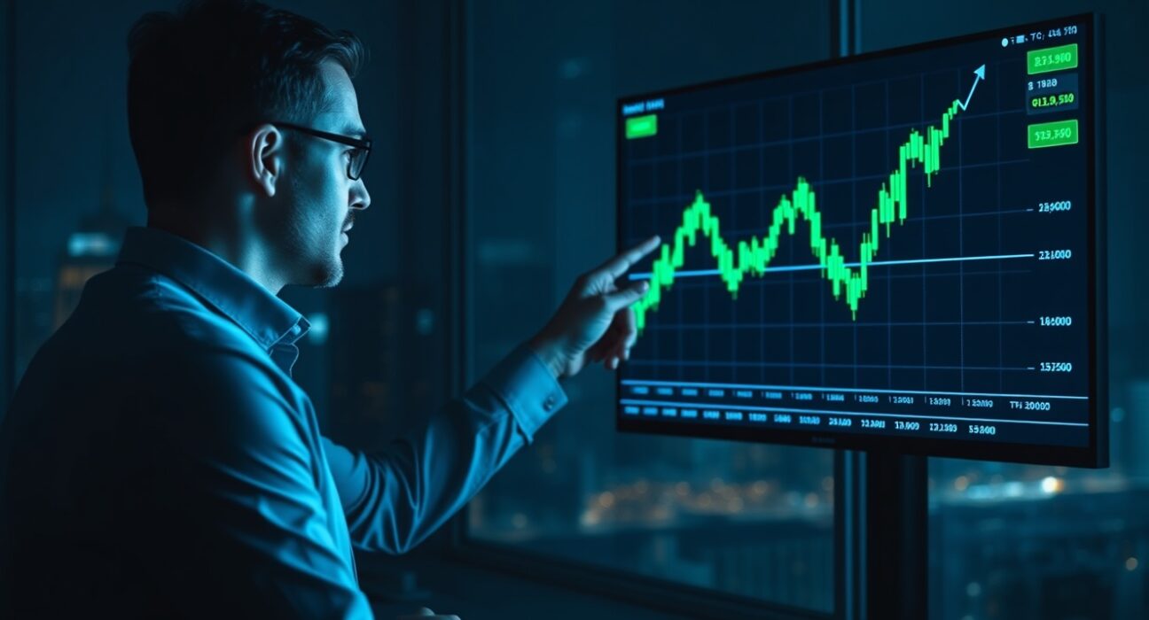 Financial analyst pointing at ETH/BTC trading chart on digital screen in modern office