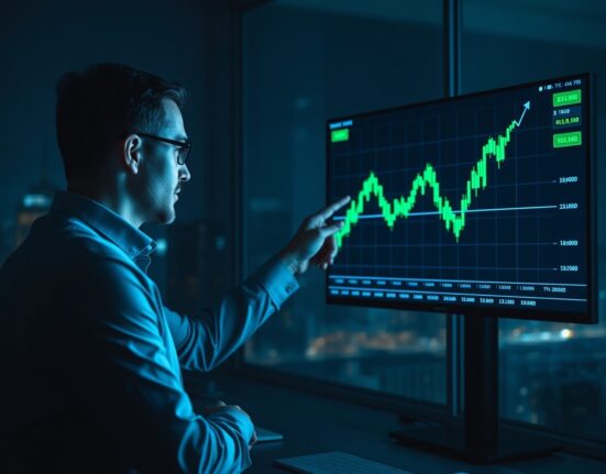 Financial analyst pointing at ETH/BTC trading chart on digital screen in modern office