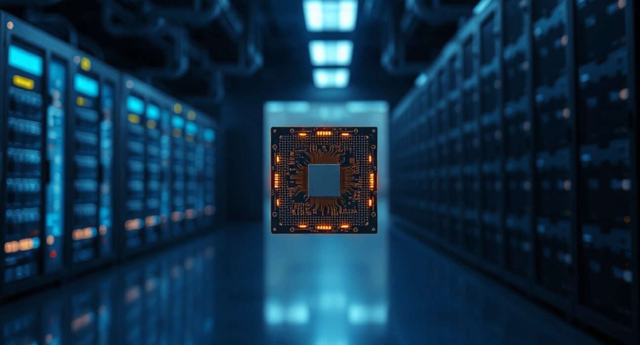 Quantum computer chip in a lab setting, representing the potential threat to Bitcoin's encryption.