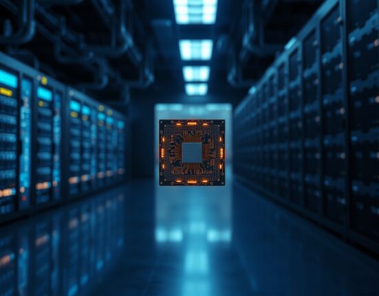 Quantum computer chip in a lab setting, representing the potential threat to Bitcoin's encryption.