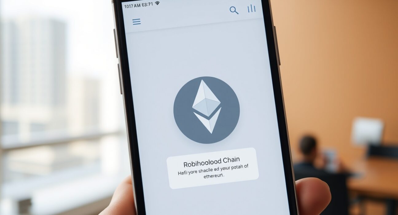 Smartphone showing Robinhood app with Ethereum symbol, representing Robinhood Chain.