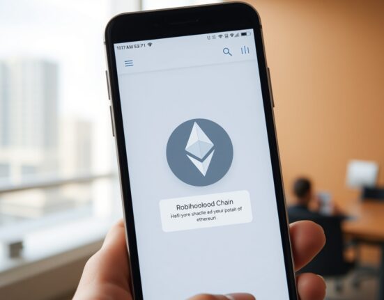 Smartphone showing Robinhood app with Ethereum symbol, representing Robinhood Chain.