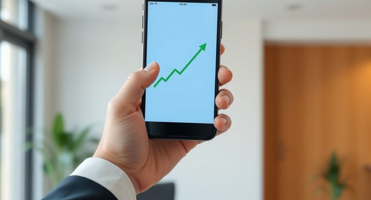 A smartphone displaying a cryptocurrency trading chart with upward trends in a professional office setting.
