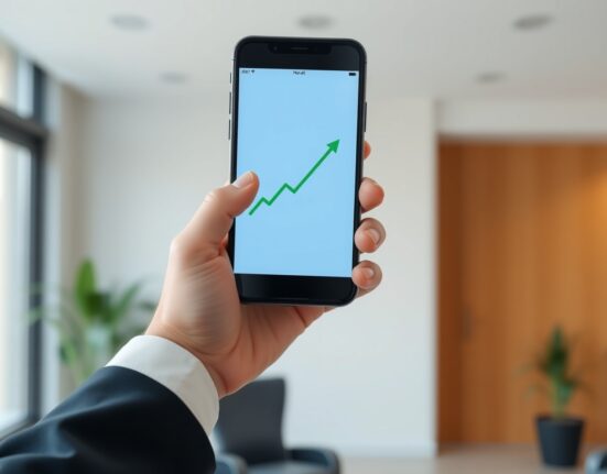 A smartphone displaying a cryptocurrency trading chart with upward trends in a professional office setting.