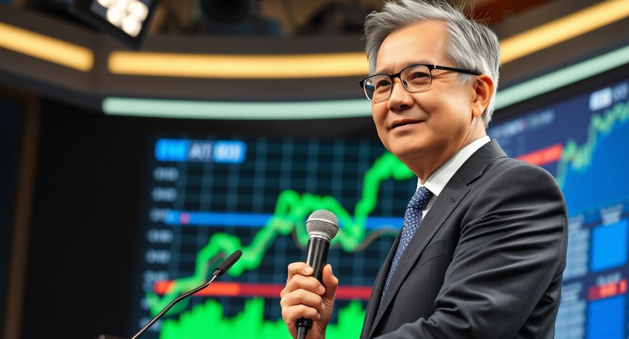Tom Lee speaking at a financial news studio with stock charts in the background