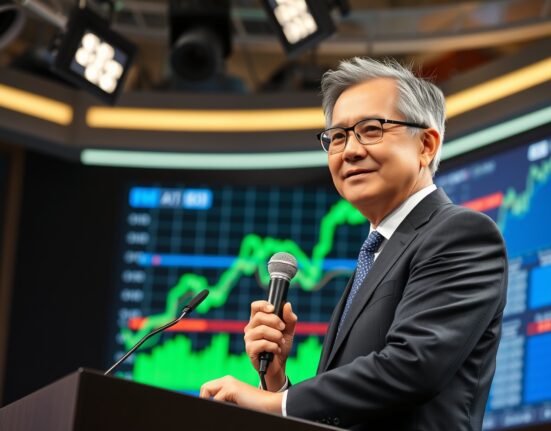 Tom Lee speaking at a financial news studio with stock charts in the background