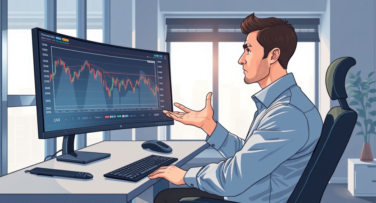 Financial analyst pointing to Bitcoin price chart showing potential market bottom