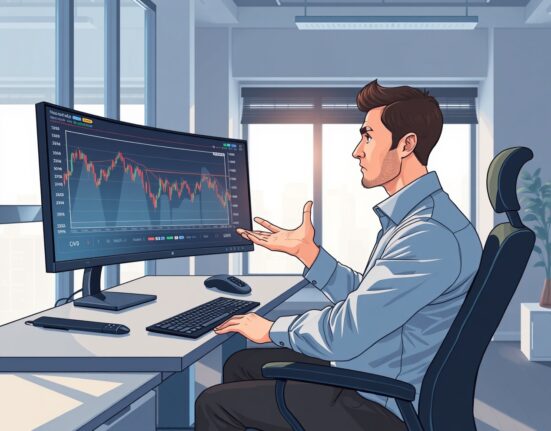 Financial analyst pointing to Bitcoin price chart showing potential market bottom