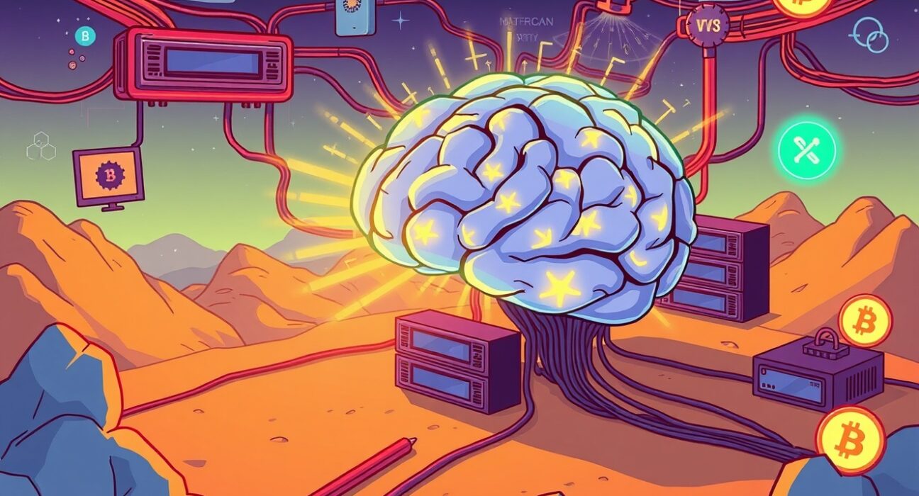 A cartoon illustration showing the launch of a new TON-based AI network, symbolizing innovation and privacy in AI.