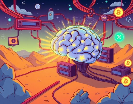 A cartoon illustration showing the launch of a new TON-based AI network, symbolizing innovation and privacy in AI.