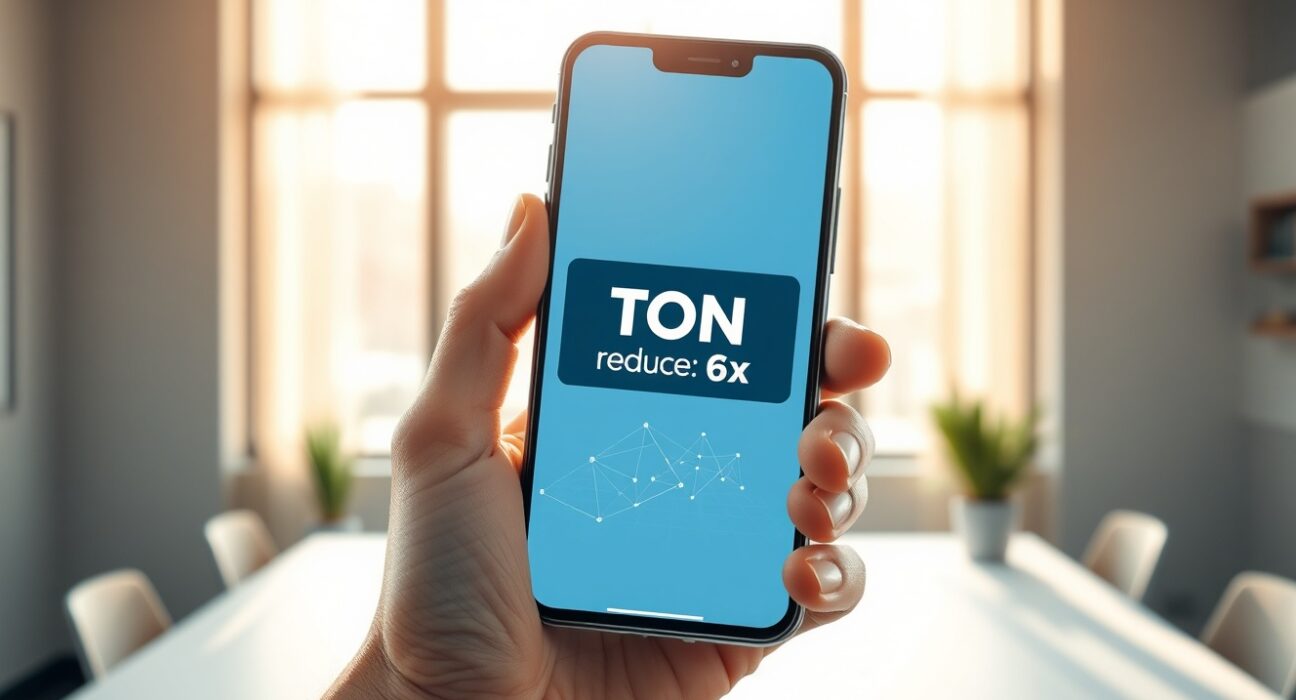Smartphone showing Telegram notification announcing a sixfold reduction in TON network fees, symbolizing lower transaction costs on The Open Network.
