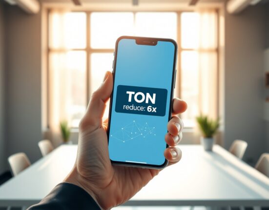 Smartphone showing Telegram notification announcing a sixfold reduction in TON network fees, symbolizing lower transaction costs on The Open Network.