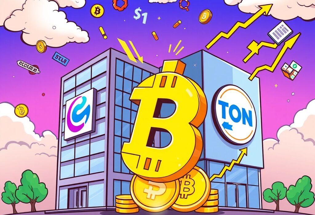 Cartoon showing a company rebrand with new TON Strategy branding, symbolizing a significant investment shift and share buyback.