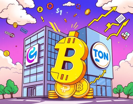 Cartoon showing a company rebrand with new TON Strategy branding, symbolizing a significant investment shift and share buyback.