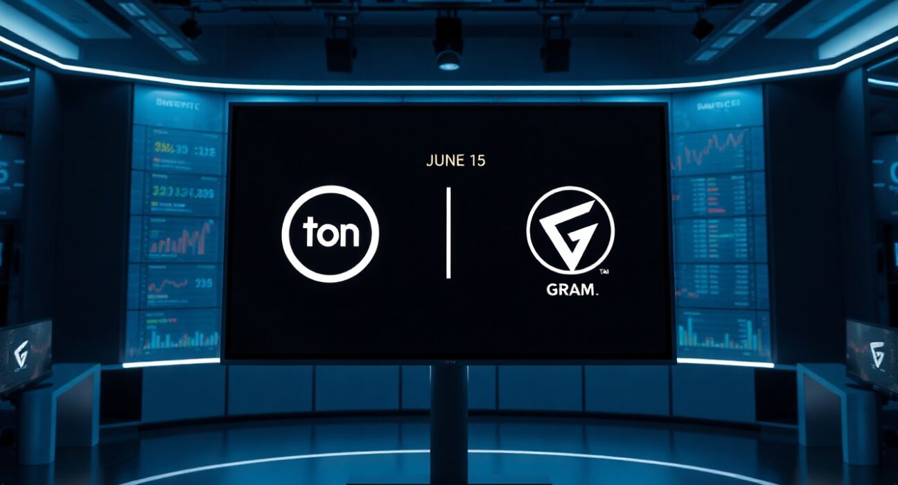 Digital screen showing TON to Gram rebrand transition with June 15 date