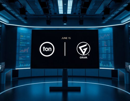 Digital screen showing TON to Gram rebrand transition with June 15 date