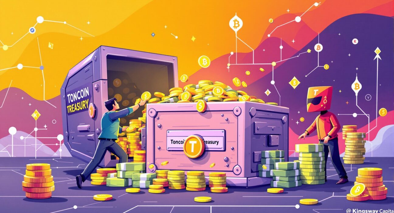 Cartoon illustrating TON Foundation and Kingsway Capital securing a significant investment to boost the Toncoin treasury, symbolizing growth and future development.