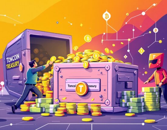 Cartoon illustrating TON Foundation and Kingsway Capital securing a significant investment to boost the Toncoin treasury, symbolizing growth and future development.