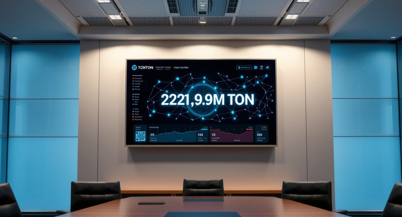 TonStrategy corporate dashboard showing 221.9 million TON holdings on a large digital screen in a modern boardroom.