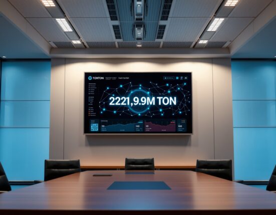 TonStrategy corporate dashboard showing 221.9 million TON holdings on a large digital screen in a modern boardroom.