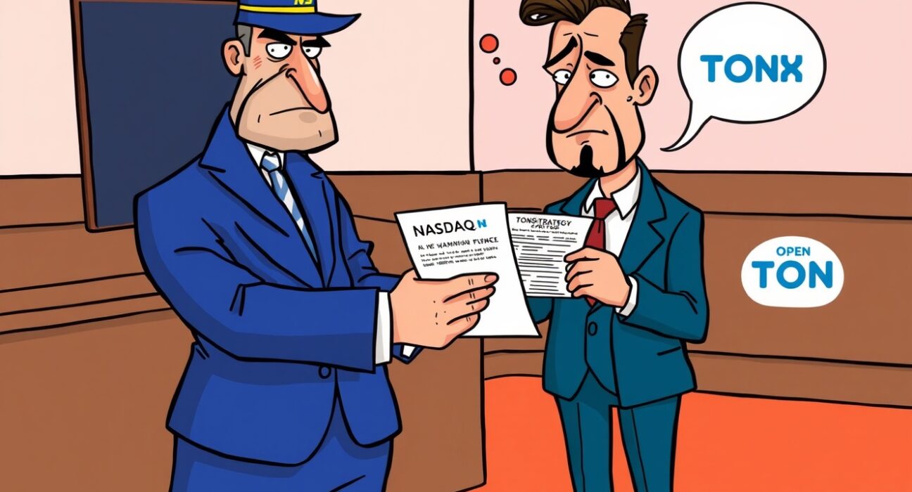 A cartoon depicting TonStrategy receiving a Nasdaq warning letter, highlighting the serious implications of the rule violation for TONX.