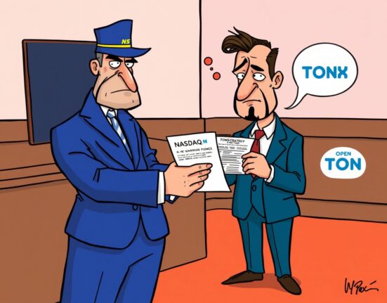 A cartoon depicting TonStrategy receiving a Nasdaq warning letter, highlighting the serious implications of the rule violation for TONX.
