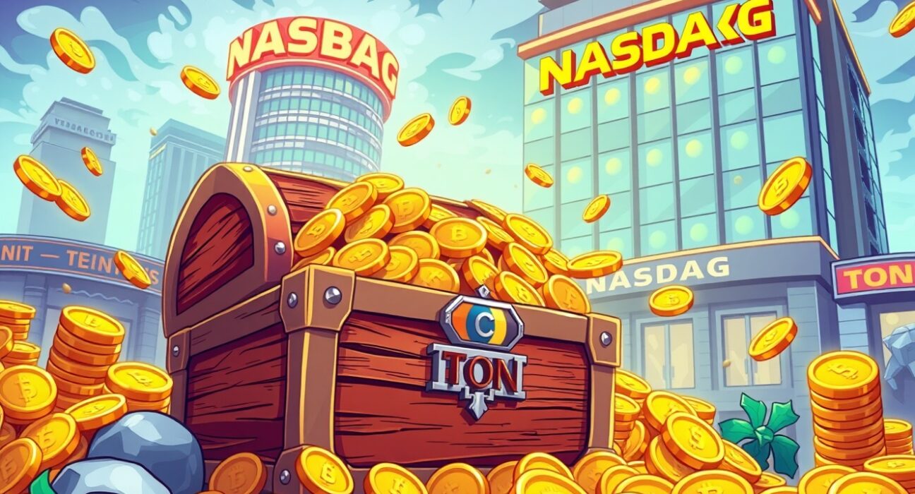 TonStrategy TON holdings represented as golden coins in a vibrant treasure chest illustration