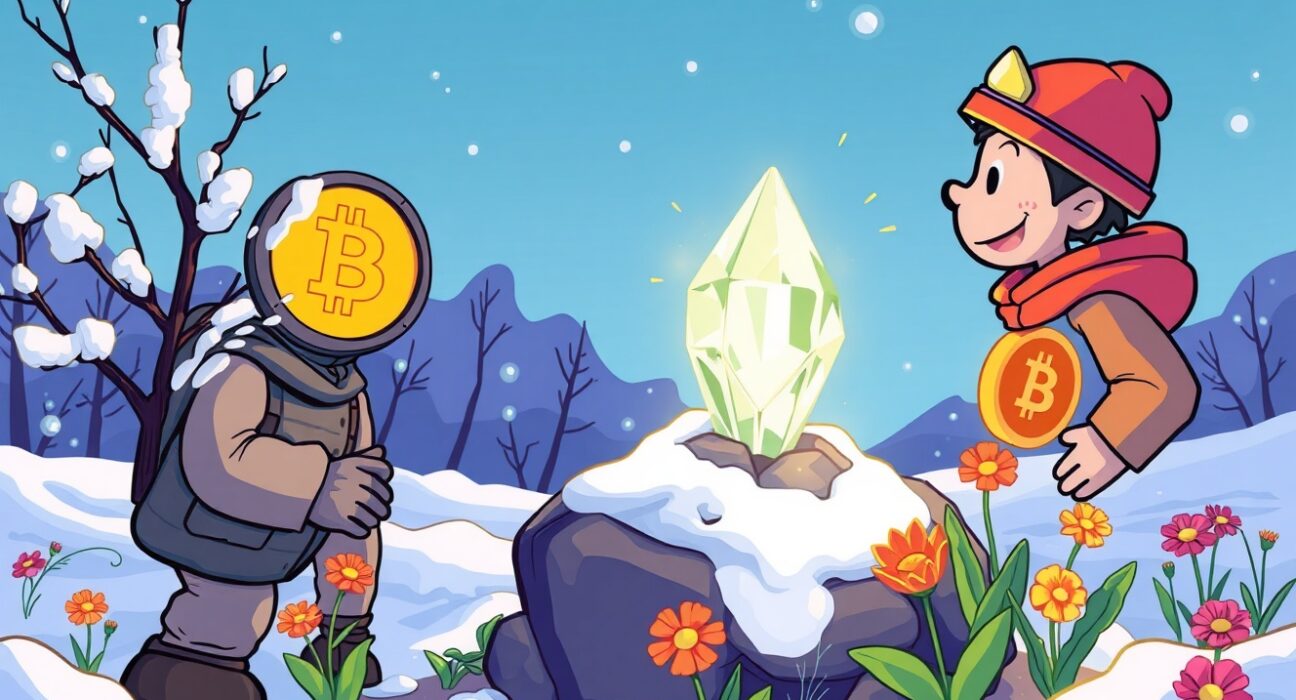 Hopeful illustration showing it's too early to call a crypto winter with Bitcoin growth amid seasonal change