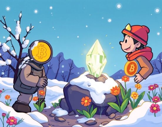 Hopeful illustration showing it's too early to call a crypto winter with Bitcoin growth amid seasonal change