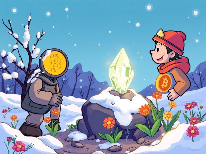 Hopeful illustration showing it's too early to call a crypto winter with Bitcoin growth amid seasonal change