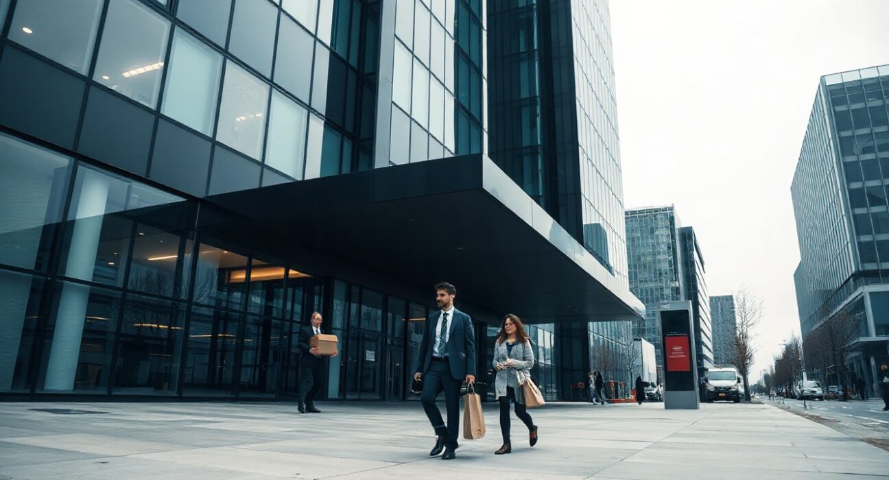 Modern office building exterior with employees leaving, representing Tools for Humanity workforce reduction