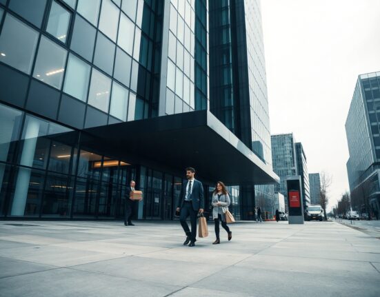 Modern office building exterior with employees leaving, representing Tools for Humanity workforce reduction