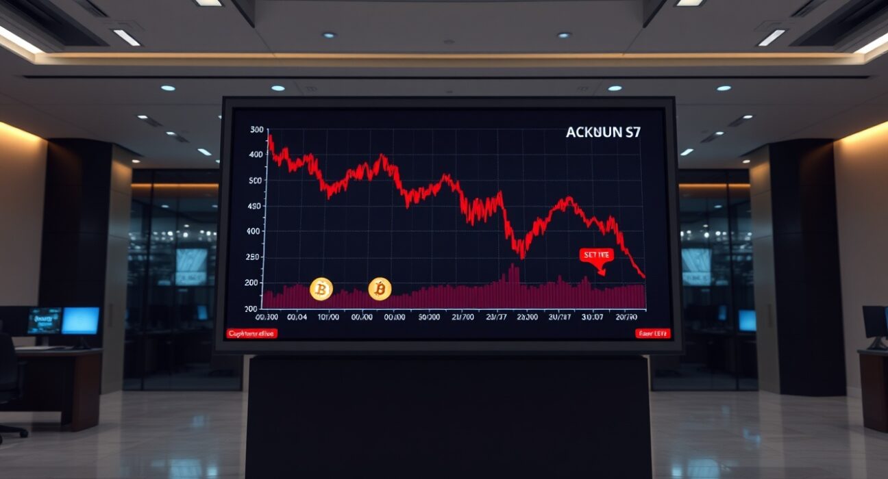 Digital display showing a downward-trending cryptocurrency market chart with Bitcoin and Ethereum logos in a financial office setting.