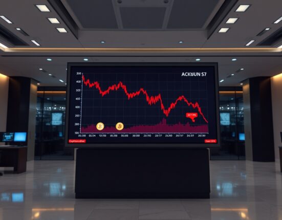 Digital display showing a downward-trending cryptocurrency market chart with Bitcoin and Ethereum logos in a financial office setting.