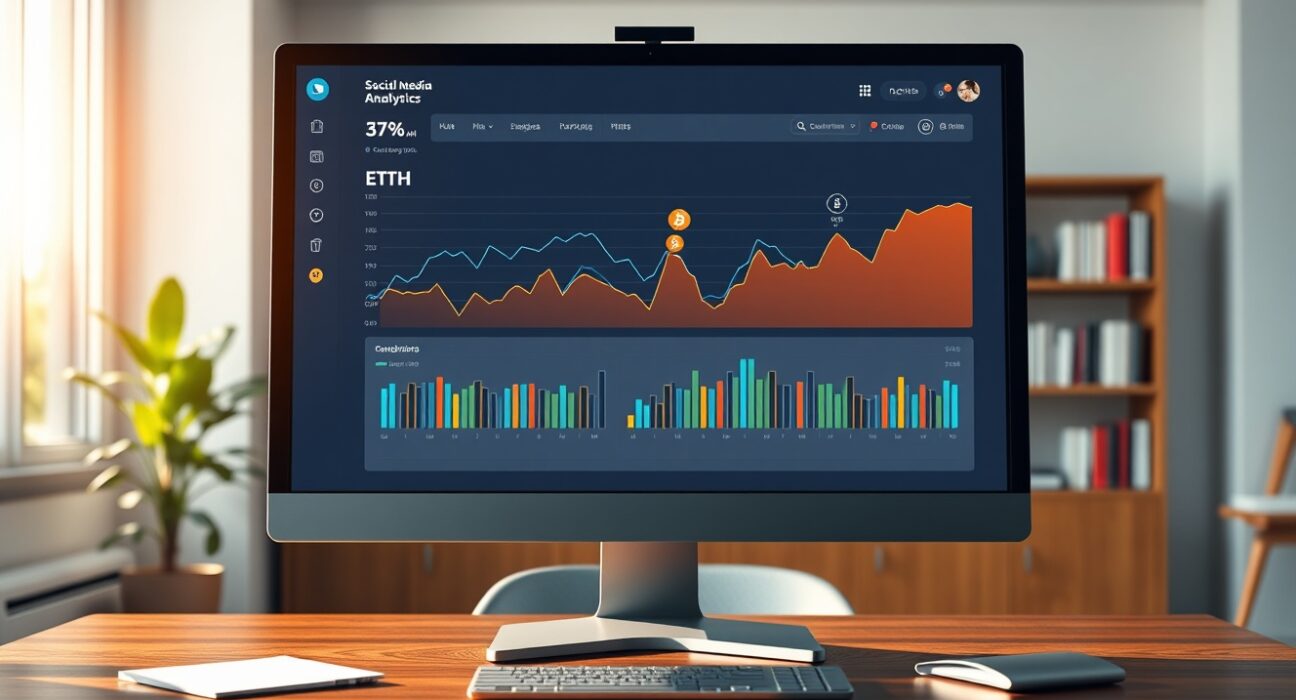 Analyst reviewing cryptocurrency social media trend data on a professional newsroom dashboard in 2025.